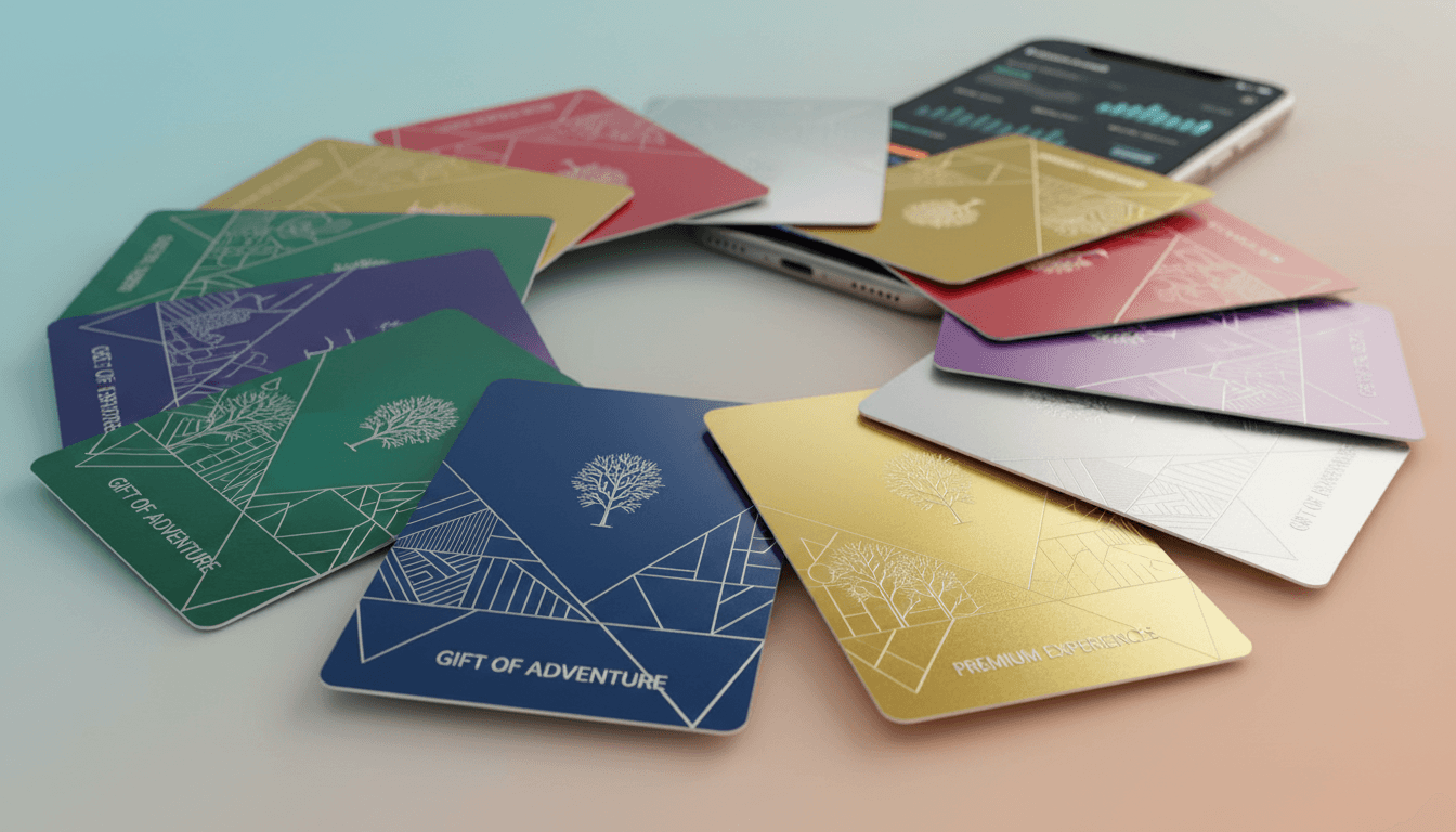 Multiple colorful gift cards arranged with a smartphone dashboard visible in the background