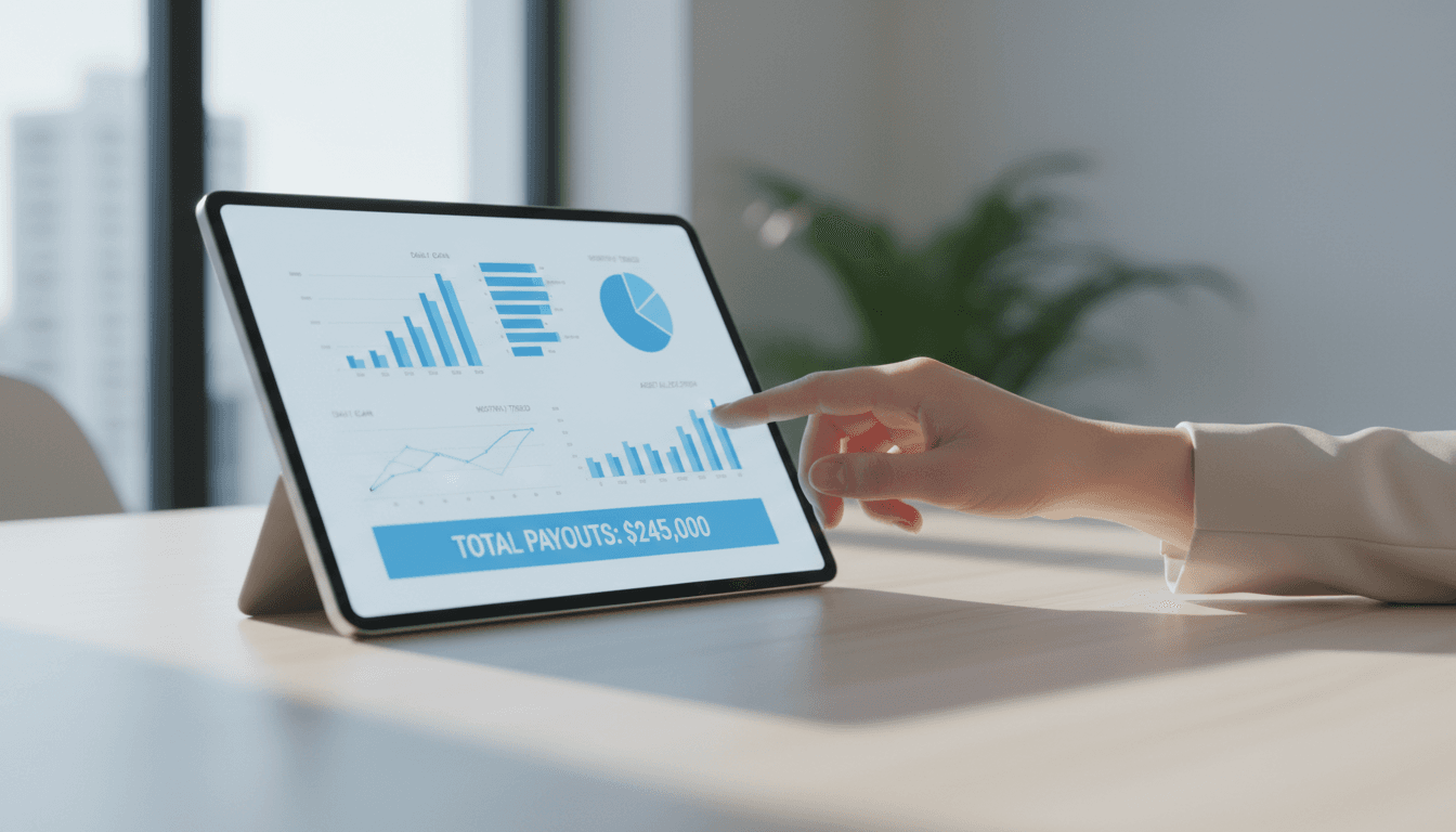Professional reviewing gift card payout dashboard on tablet at modern office desk
