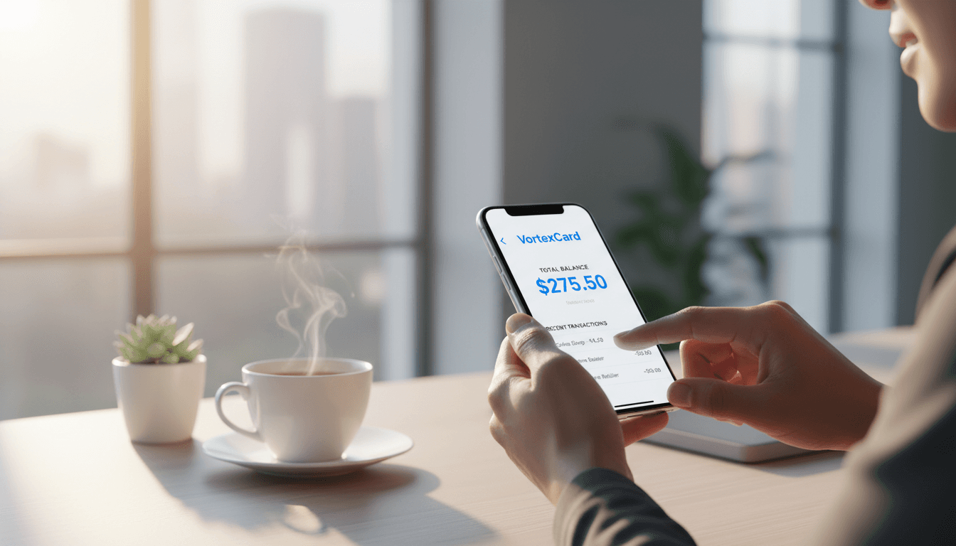 Person using VortexCard app on smartphone to check gift card balances