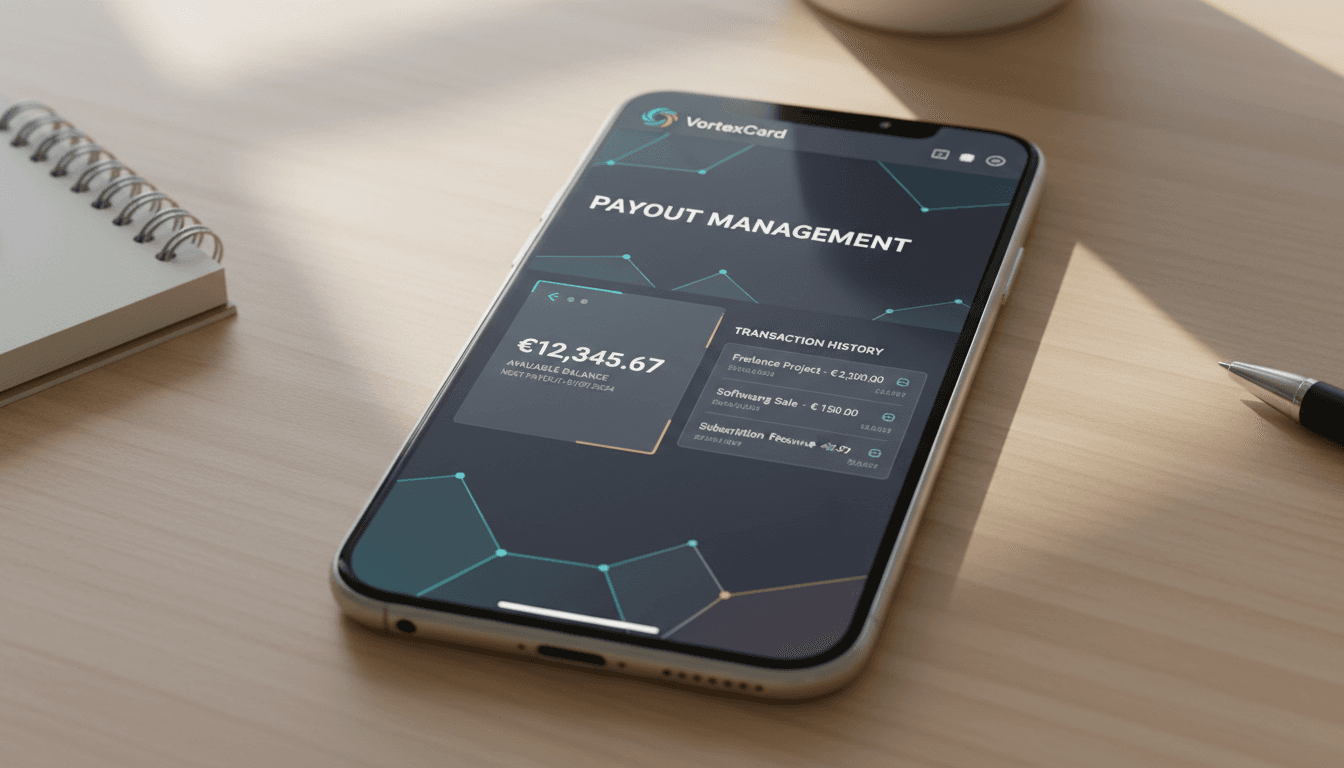 VortexCard payout dashboard interface on mobile device showing balance tracking