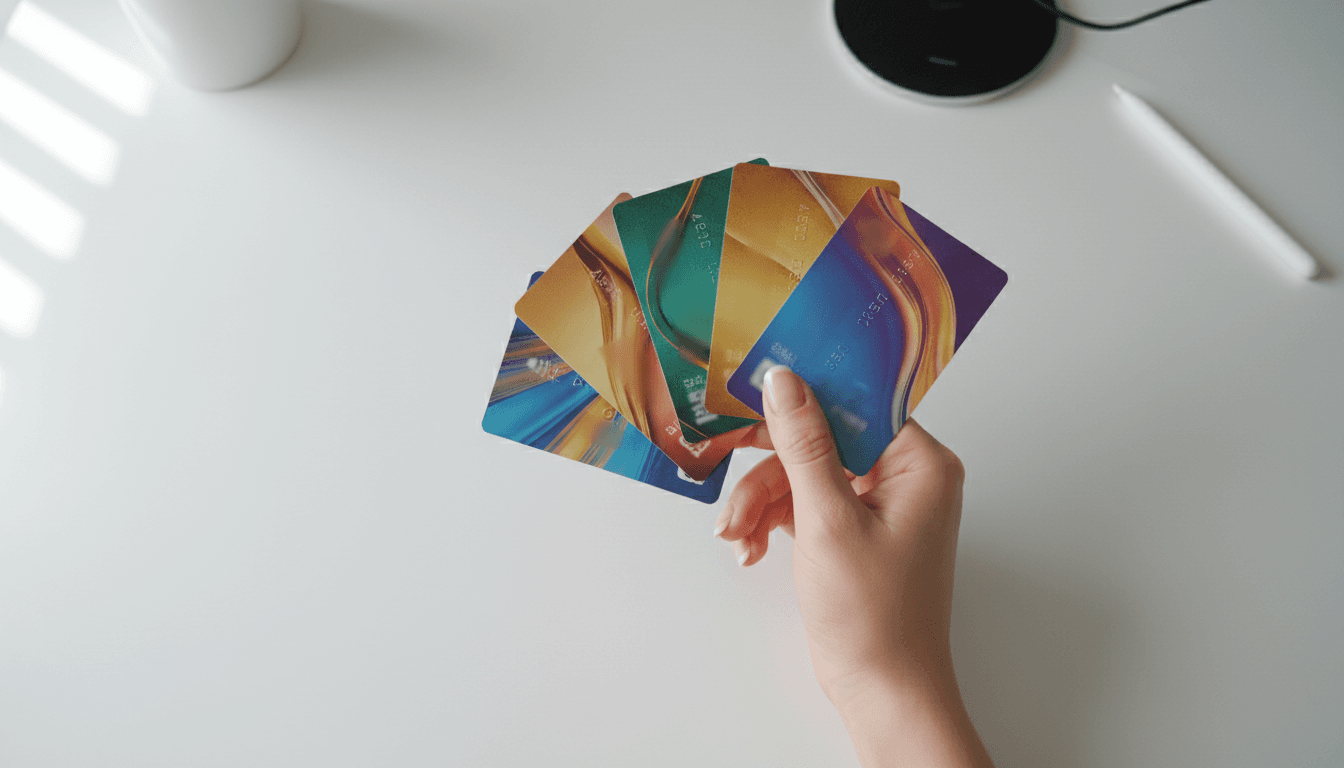 Hand holding multiple gift cards fanned out on a clean white desk