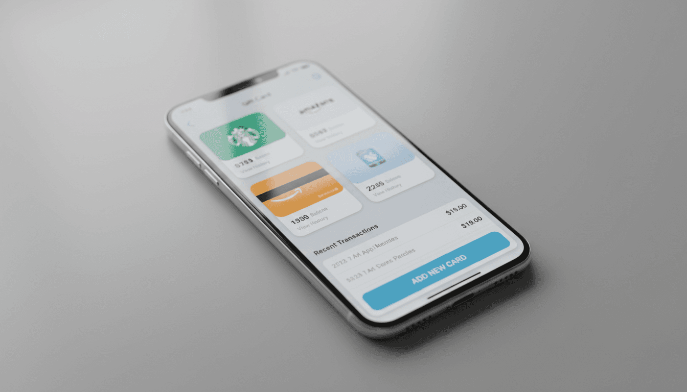 Smartphone showing VortexCard dashboard with gift card balances and transaction details