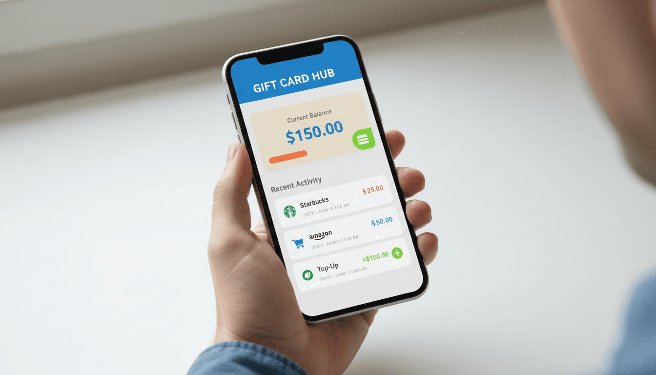 Smartphone displaying VortexCard gift card dashboard with balance information