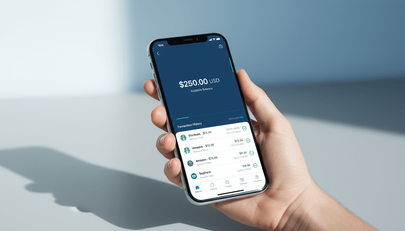 Hand holding smartphone displaying VortexCard dashboard with gift card balance