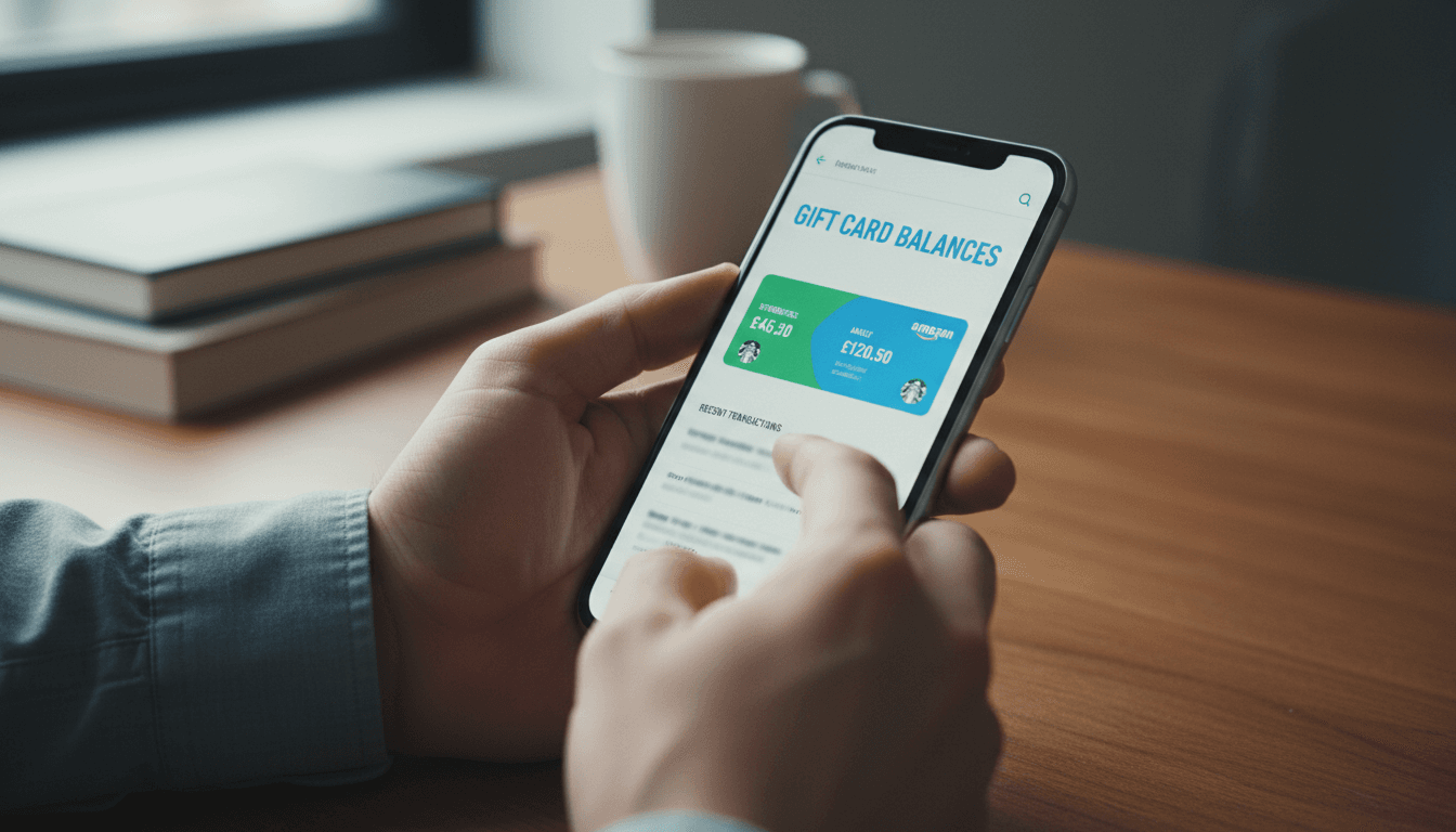 Person holding a smartphone showing VortexCard gift card dashboard with balance tracking