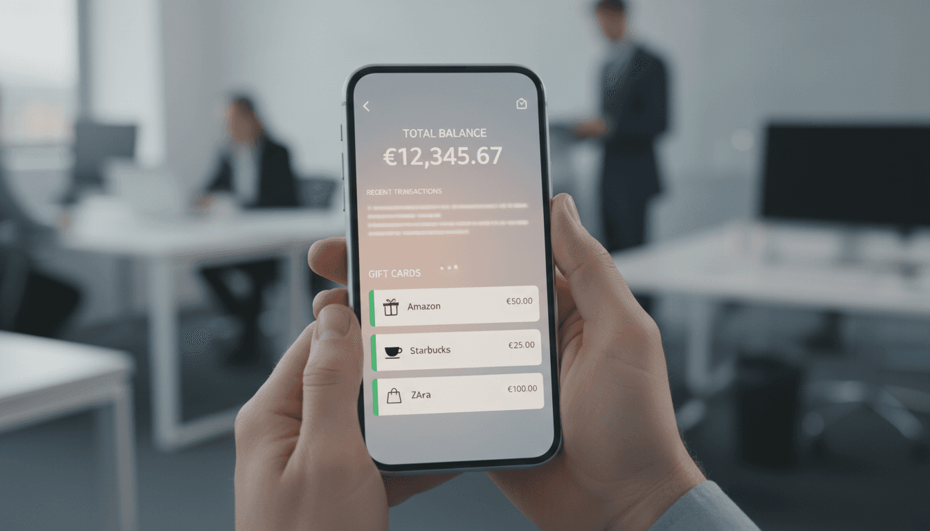 Person holding a smartphone showing VortexCard's gift card management dashboard with balance tracking and payout details