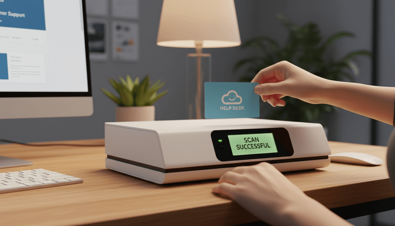 Gift card being scanned on desktop scanner during VortexCard assistance