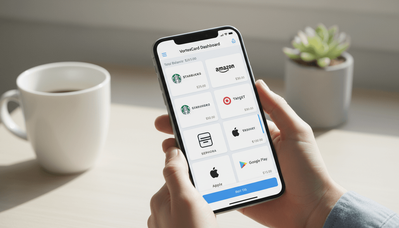 VortexCard balance dashboard on mobile