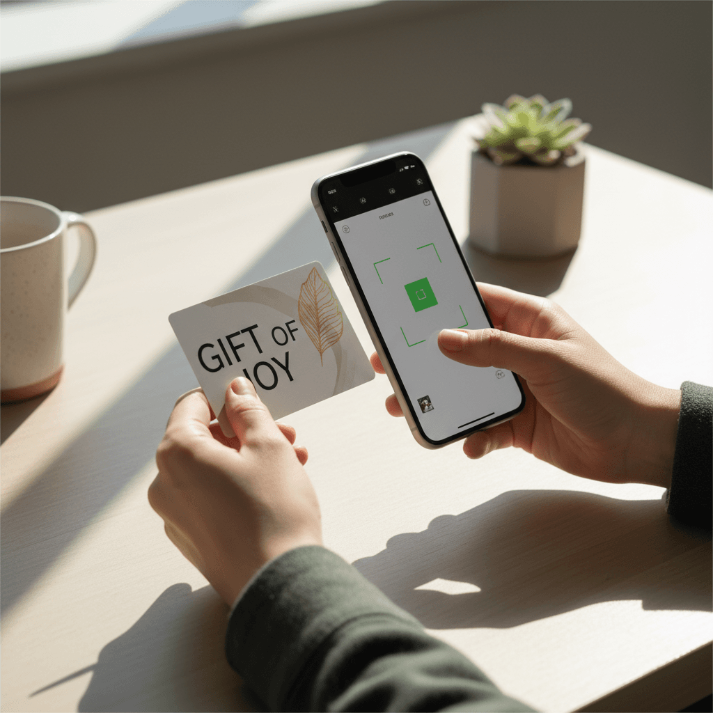 User scanning a gift card with VortexCard mobile app