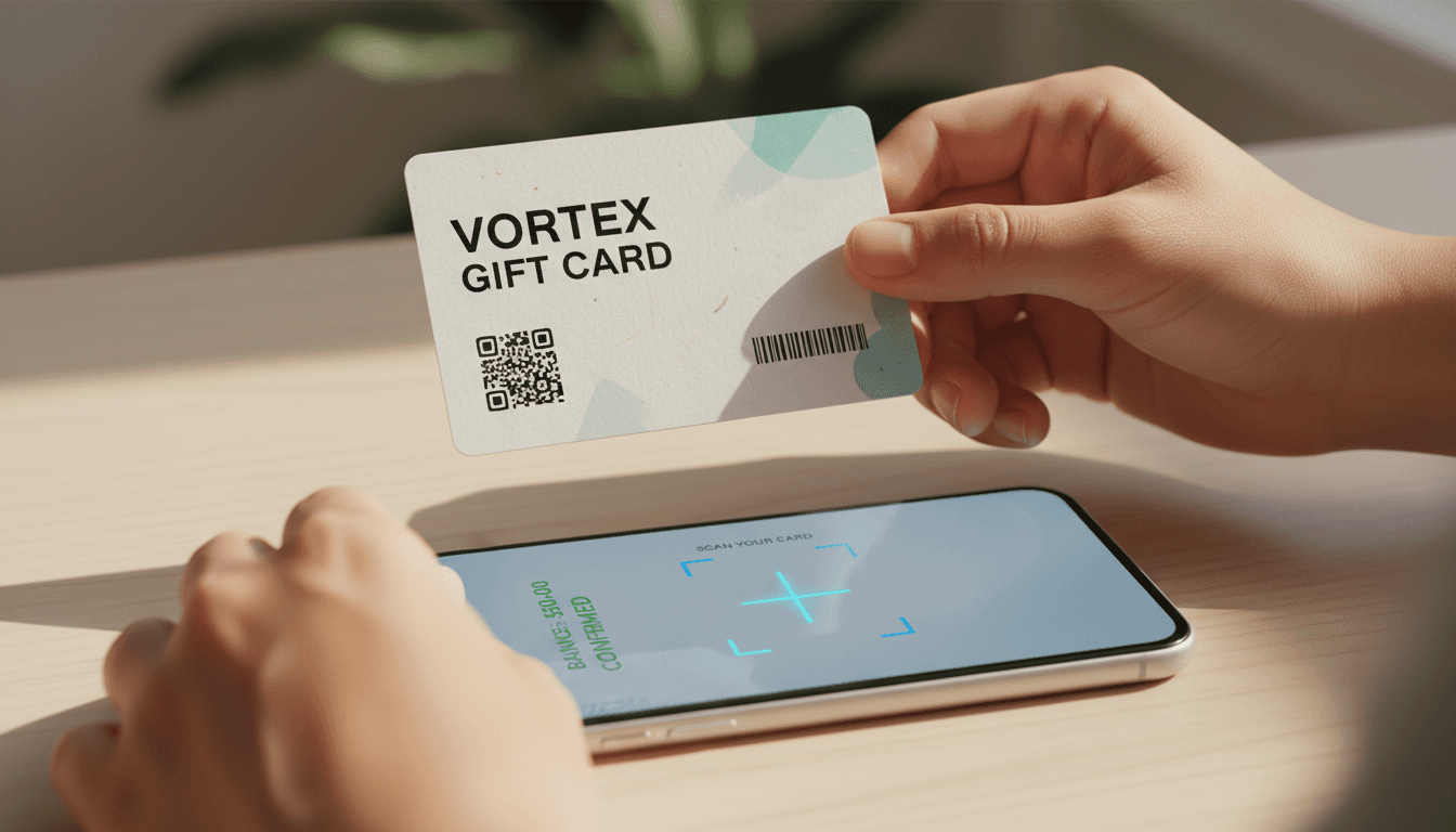 Hand scanning a gift card using VortexCard mobile app with scanning interface visible