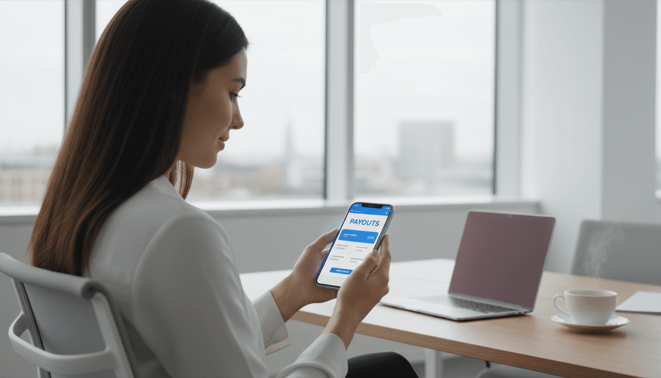 Woman reviewing gift card payout balances on VortexCard dashboard